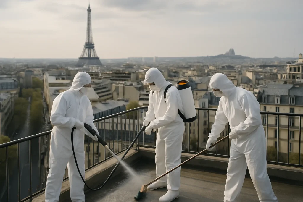 Équipe de nettoyage en combinaison de protection blanche opérant à Paris.