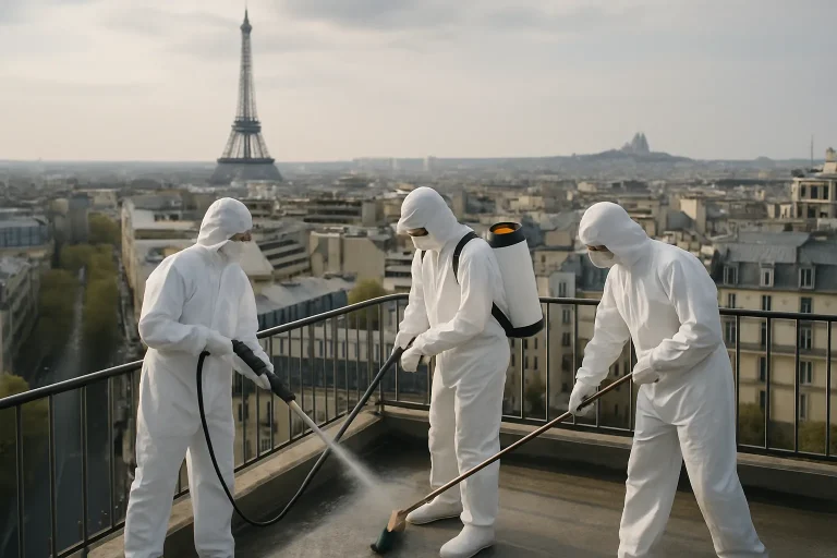 Équipe de nettoyage en combinaison de protection blanche opérant à Paris.