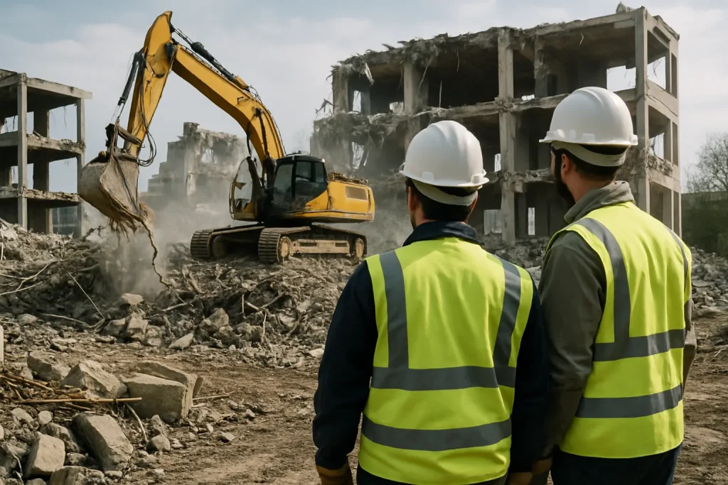 Chantier de démolition avec experts en équipements de protection, structures en démolition visibles.