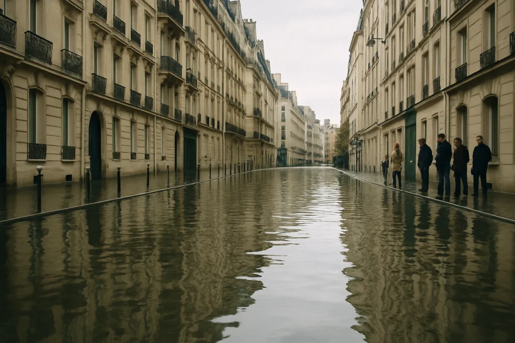 Rue parisienne inondée avec des passants et bâtiments typiques en arrière-plan.