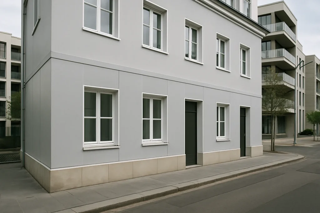 Façade d'un bâtiment rénové avec panneaux de protection anti-graffiti en milieu urbain.