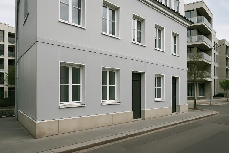 Façade d'un bâtiment rénové avec panneaux de protection anti-graffiti en milieu urbain.
