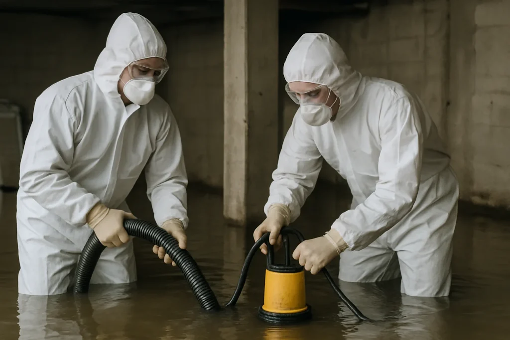 Deux techniciens en combinaison travaillant dans un sous-sol inondé, utilisant des pompes.