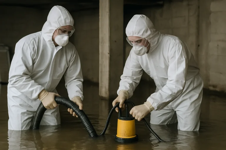 Deux techniciens en combinaison travaillant dans un sous-sol inondé, utilisant des pompes.