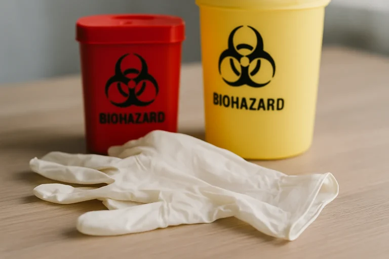 Gros plan sur des gants en latex et des conteneurs biohazard sous lumière naturelle.