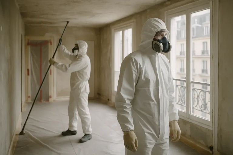 Techniciens en combinaisons effectuant un retrait d'amiante dans un immeuble parisien