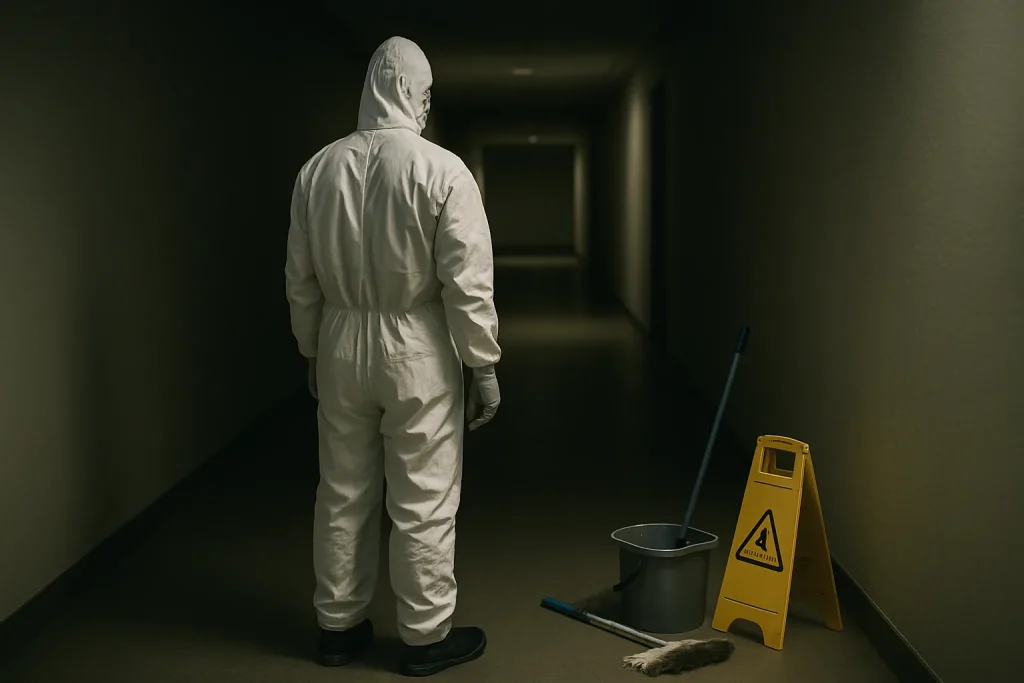 Technicien en combinaison de protection dans un couloir sombre, outils de nettoyage au sol.