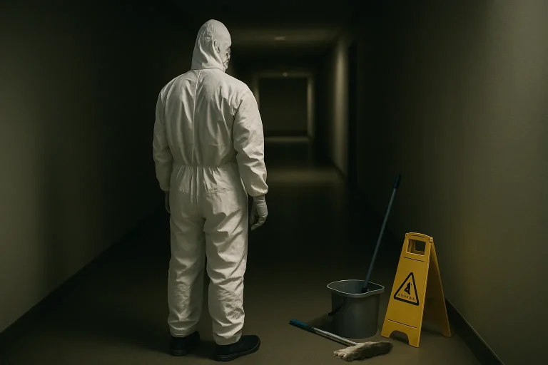 Technicien en combinaison de protection dans un couloir sombre, outils de nettoyage au sol.