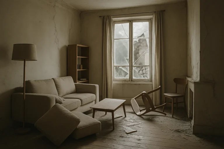 Intérieur d'un appartement parisien endommagé par un sinistre, mobilier renversé.