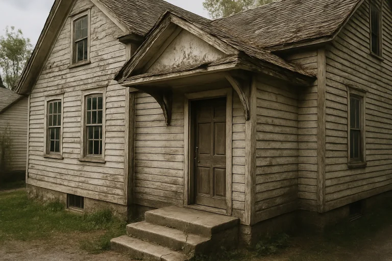 Façade d'une maison ancienne avec des signes de vétusté, éclairage naturel de jour
