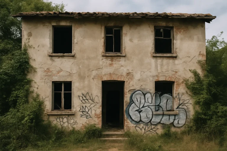 Façade d'une maison squattée avec graffitis et végétation envahissante