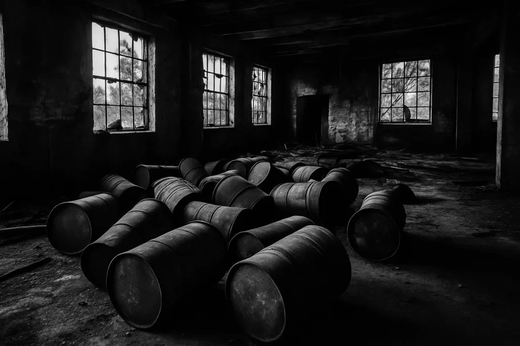 Entrepôt abandonné en noir et blanc avec des bidons renversés et lumière naturelle.