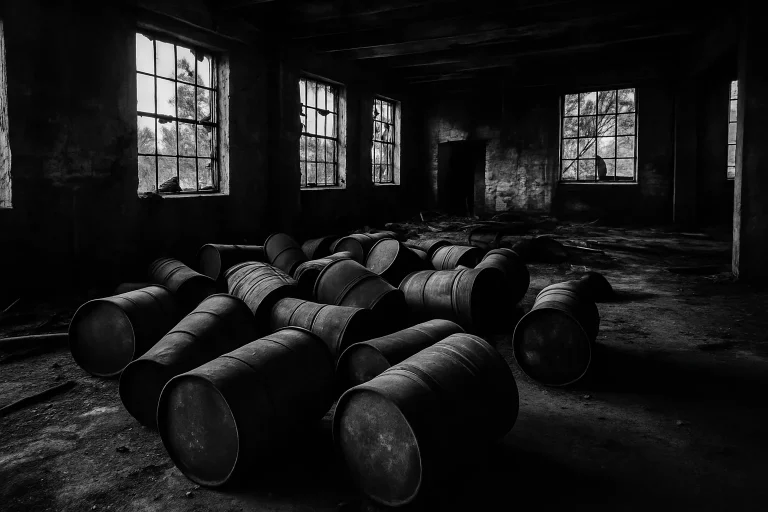 Entrepôt abandonné en noir et blanc avec des bidons renversés et lumière naturelle.