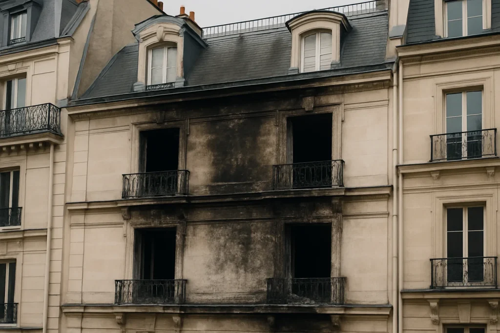 Façade endommagée par un incendie à Paris, montrant des traces de fumée et de feu.
