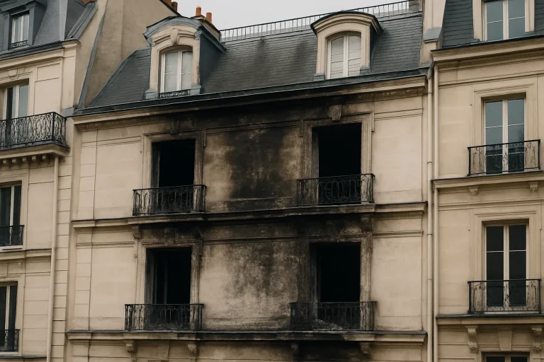 Façade endommagée par un incendie à Paris, montrant des traces de fumée et de feu.