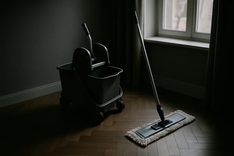 Équipement de nettoyage dans un appartement sombre, éclairé par la lumière naturelle.