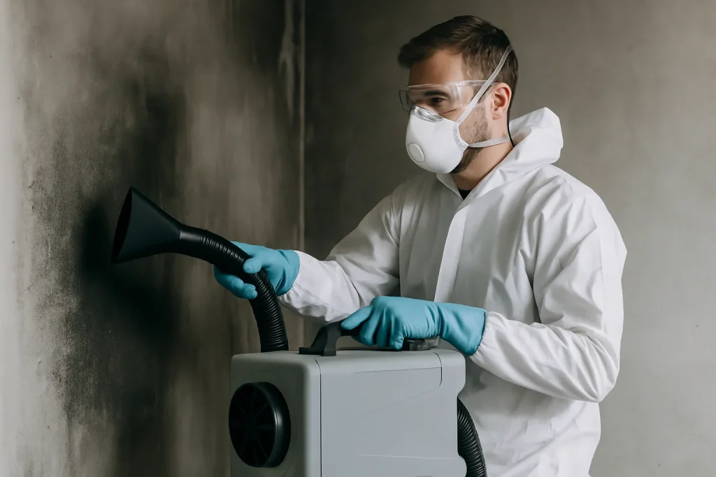 Expert en nettoyage utilisant un appareil pour purifier l'air dans un bâtiment endommagé par un incendie.