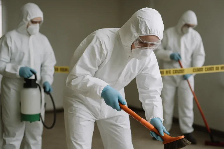 Experts en nettoyage sur une scène de crime avec équipements de protection, utilisant des outils.