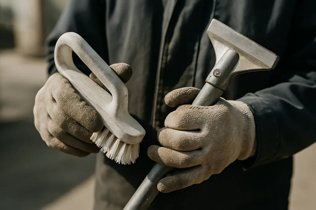 Gros plan sur des mains gantées utilisant des outils de nettoyage industriel.