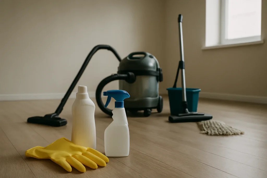 Pièce vide avec équipements de nettoyage spécialisés pour la prévention des infections.