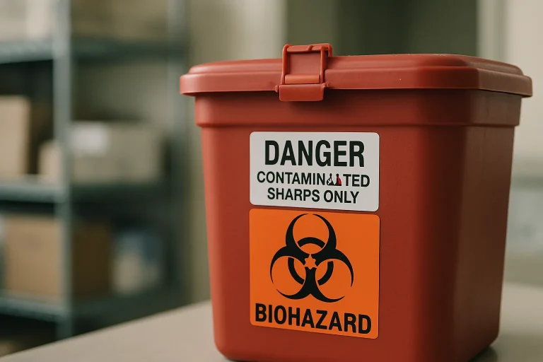 Conteneur scellé de déchets biohazard avec étiquettes de danger, en salle de stockage