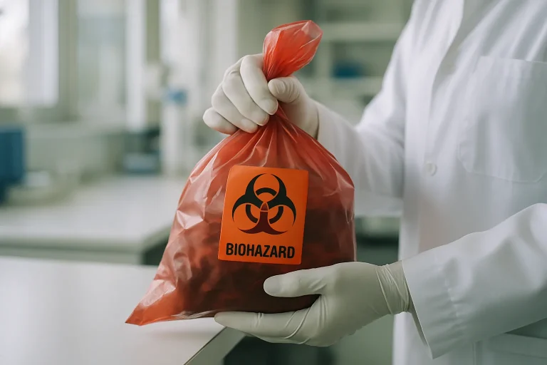 Mains gantées tenant un sac de déchets biohazard scellé avec étiquette visible