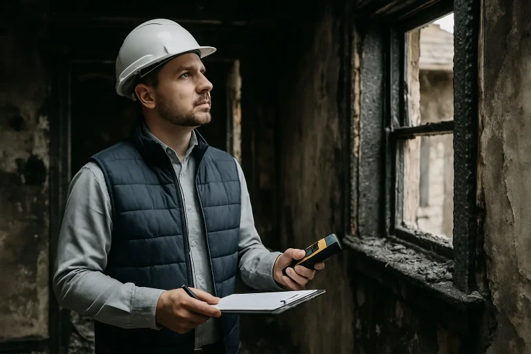 Expert en évaluation inspectant une maison incendiée avec des outils de mesure.