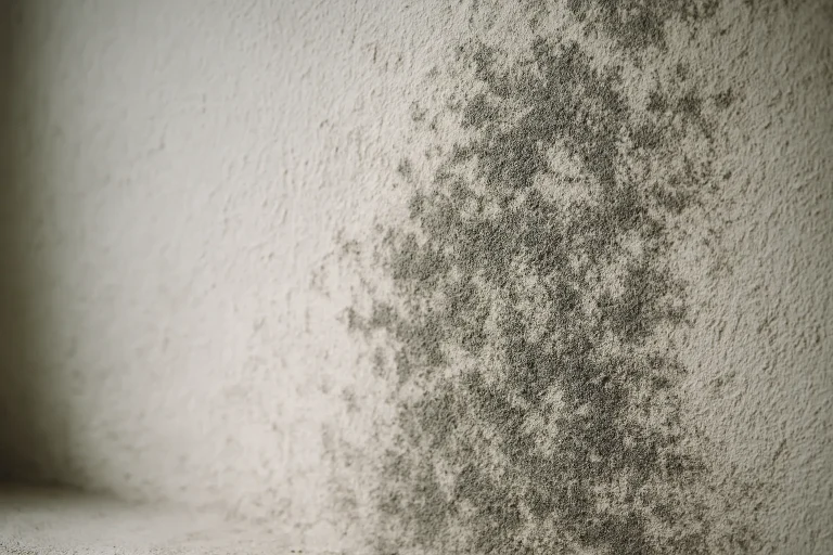 Gros plan d'un mur avec moisissure traitée, texture et détails visibles