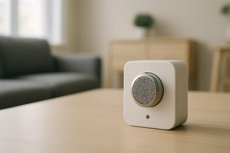 Capteur d'odeur électronique mesurant l'air dans une pièce moderne, éclairage doux.