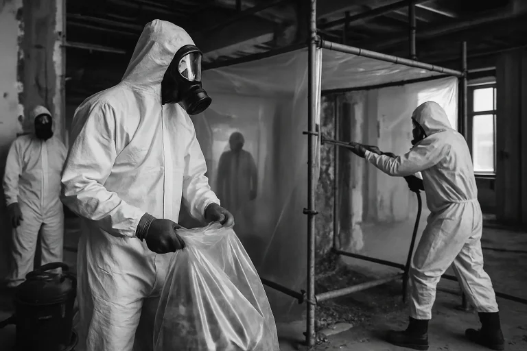 Ouvriers en combinaisons de protection retirant de l'amiante sur un chantier.