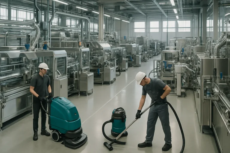 Techniciens nettoyant des machines industrielles dans une usine moderne, lumière naturelle.