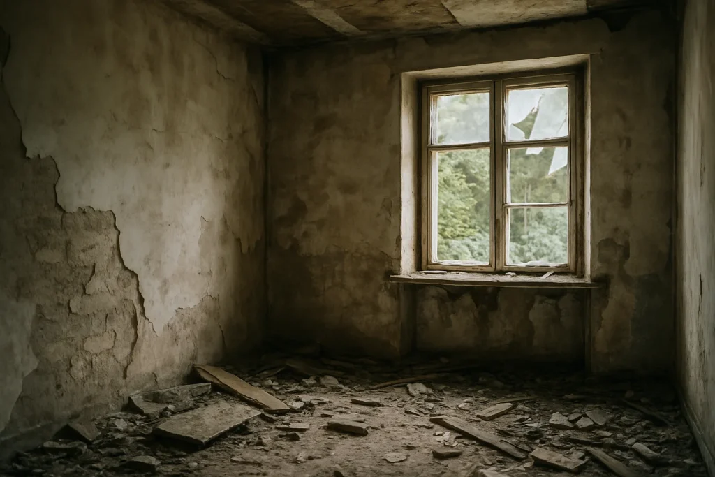 Intérieur d'une maison délabrée avec lumière douce, débris au sol, murs dégradés.