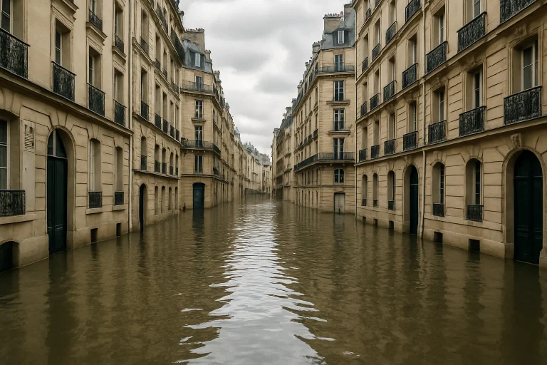 Rue étroite de Paris avec inondation, bâtiments haussmanniens en arrière-plan.