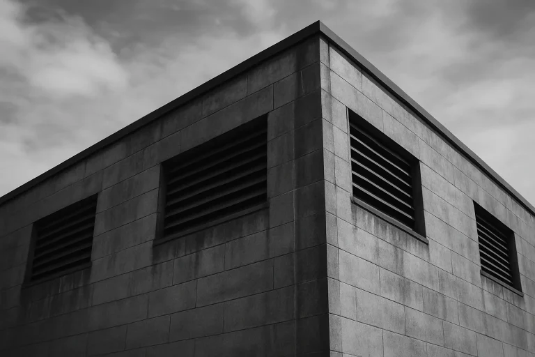 Bâtiment industriel avec grandes ouvertures, facilitant la ventilation naturelle pour l'élimination de l'amiante.