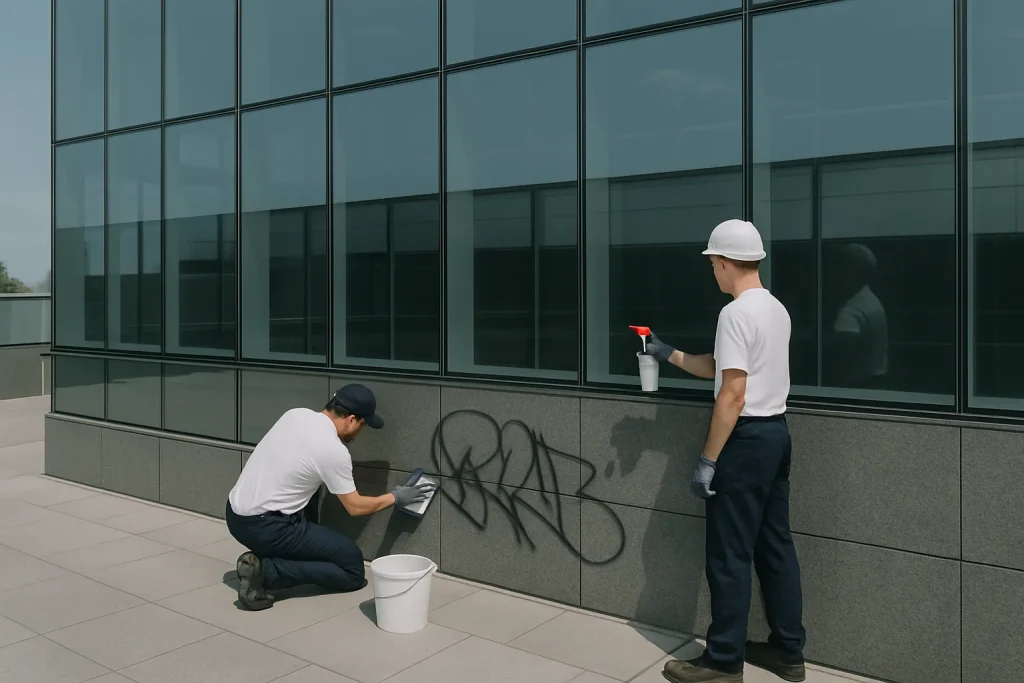 Des professionnels nettoyant un graffiti sur une façade en verre sous un ciel dégagé.