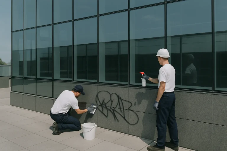 Des professionnels nettoyant un graffiti sur une façade en verre sous un ciel dégagé.