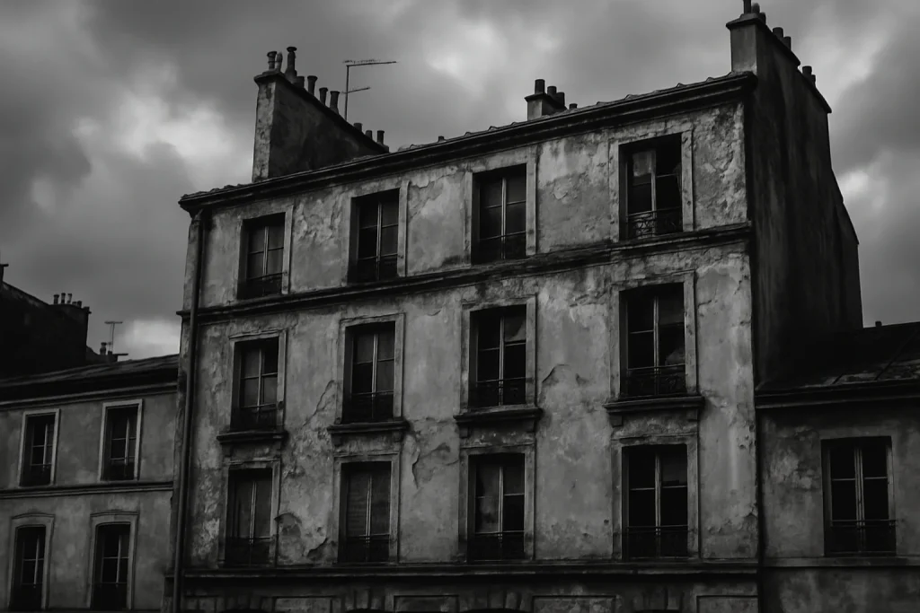 Façade d'un immeuble délabré à Paris en noir et blanc, ciel nuageux.