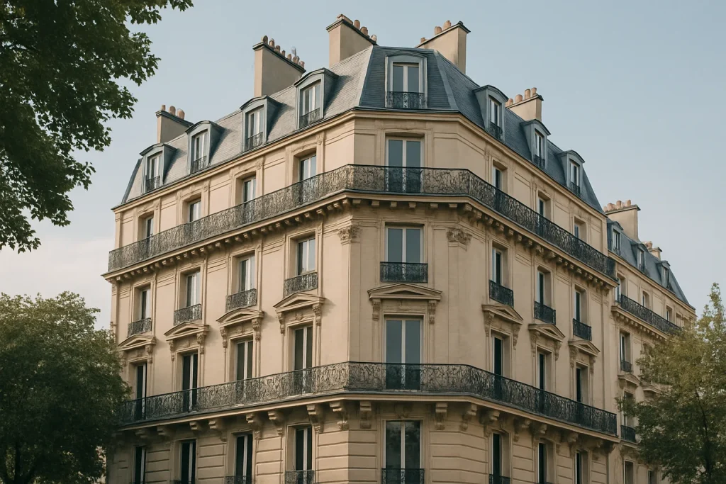 Immeuble haussmannien à Paris, perspective de la rue, ciel dégagé