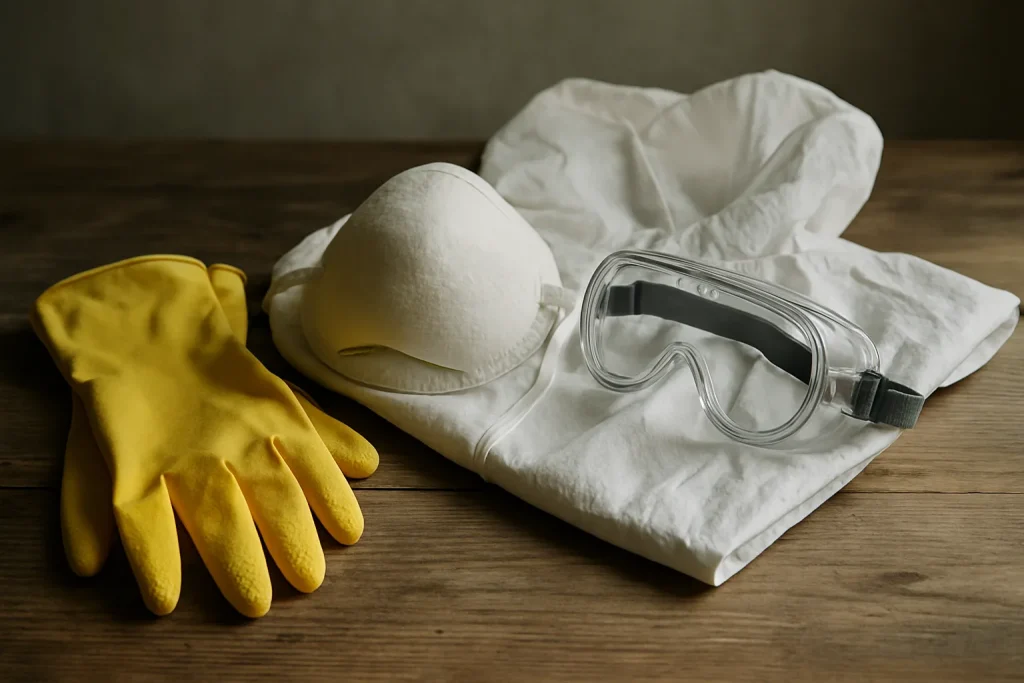 Équipements de protection individuelle pour nettoyer des logements insalubres, sur une table