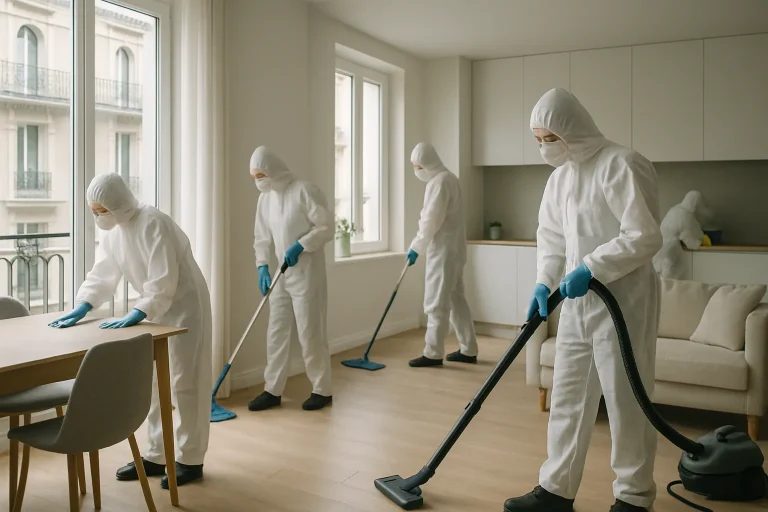 Équipe de nettoyage professionnelle travaillant dans un appartement parisien.