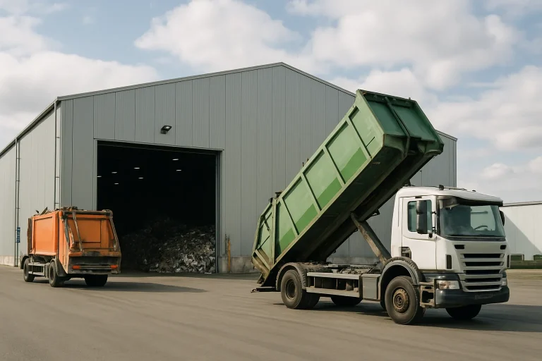 Centre de traitement des déchets avec camions en mouvement sous un ciel nuageux