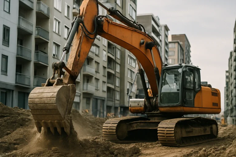 Pelleteuse effectuant une démolition dans un environnement urbain dense avec des immeubles en arrière-plan.