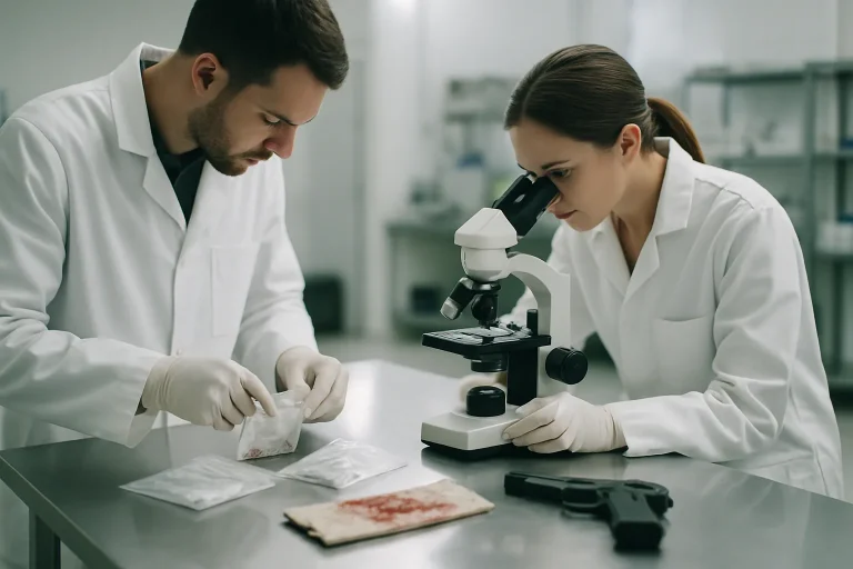 Laboratoire médico-légal avec techniciens travaillant sur des échantillons.