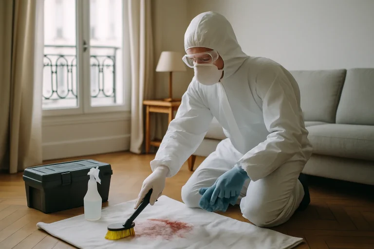Technicien de nettoyage de scènes de crime à Paris avec équipement de protection et outils spécialisés.