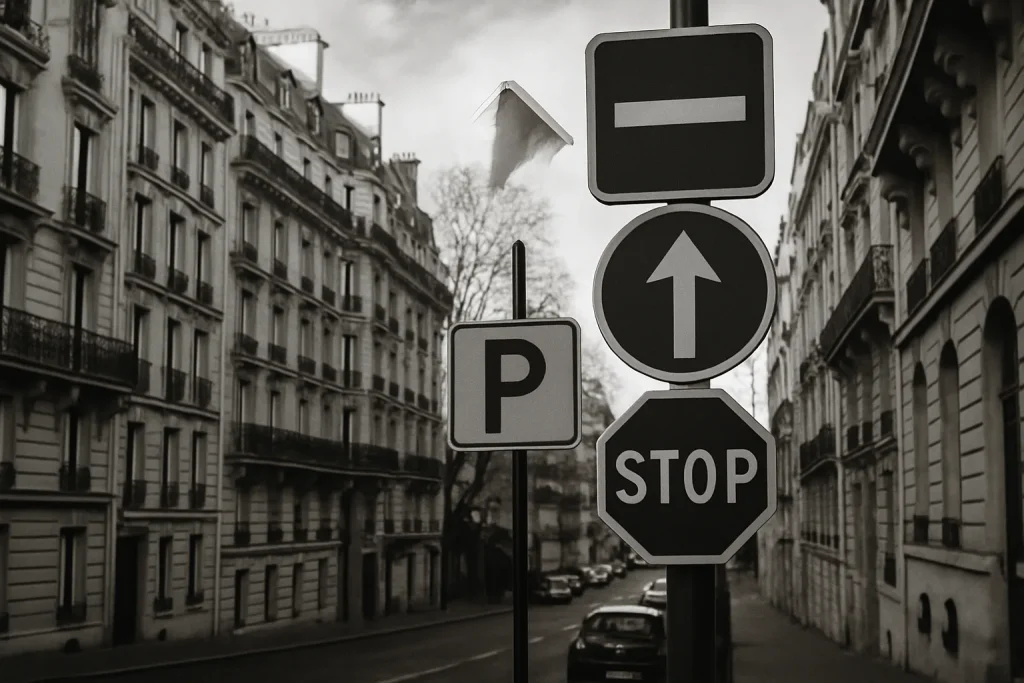 Rue parisienne typique en noir et blanc, avec bâtiments haussmanniens et panneaux de signalisation.