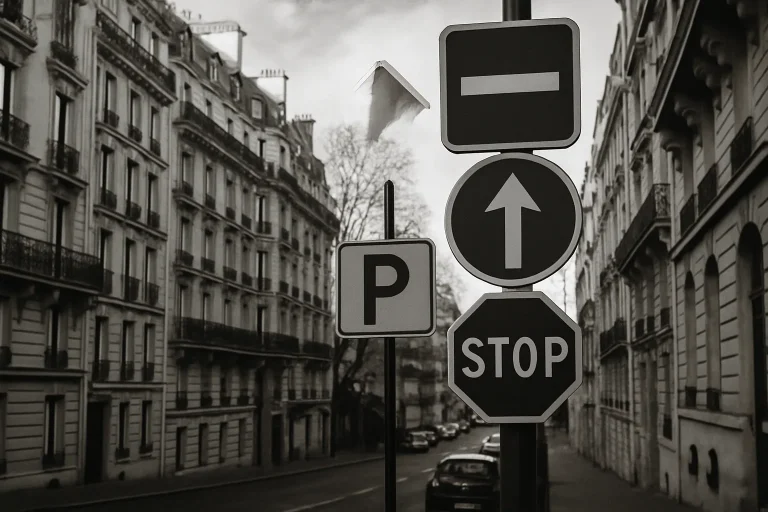 Rue parisienne typique en noir et blanc, avec bâtiments haussmanniens et panneaux de signalisation.