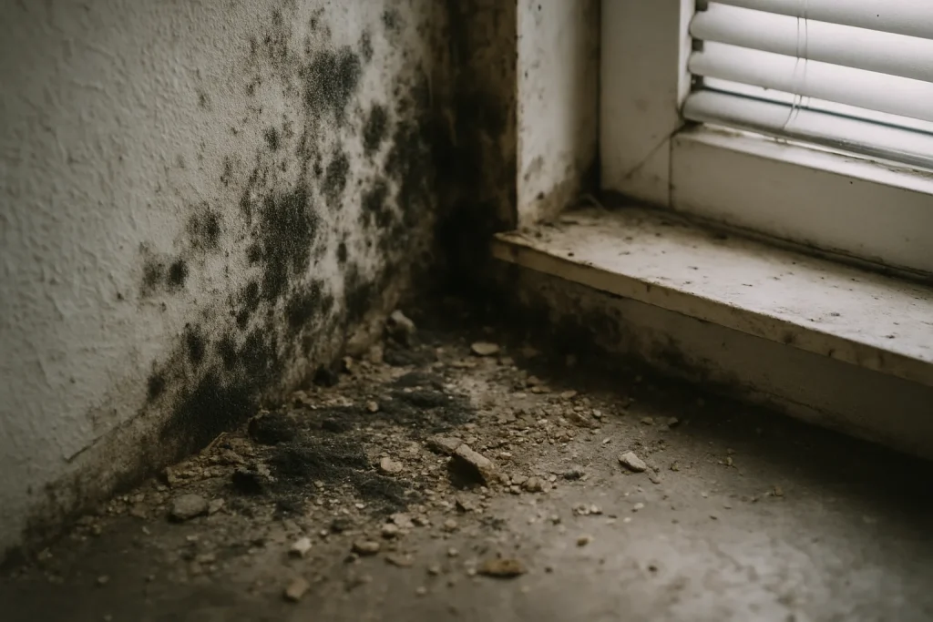 Détail de moisissures et débris dans un coin de pièce peu éclairé, lumière naturelle.