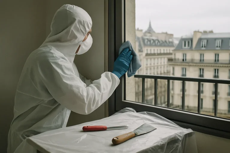 Technicien en combinaison de protection nettoyant une pièce, outils visibles.