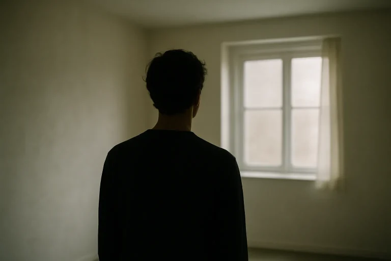 Silhouette floue de dos dans une pièce vide avec lumière douce entrant par une fenêtre