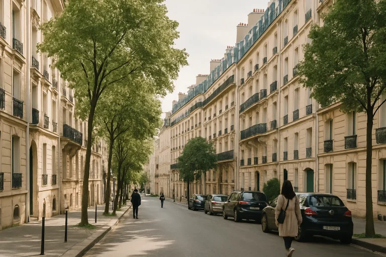 Rue parisienne avec arbres et résidents après nettoyage écologique, ambiance paisible.